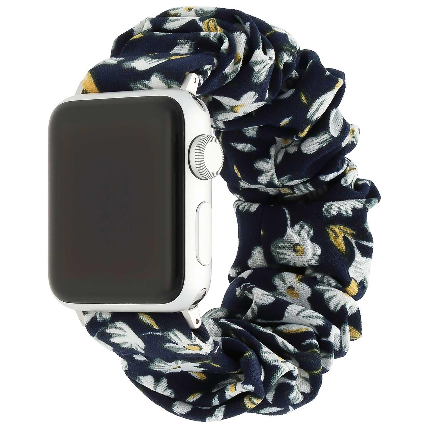 Apple Watch bandje Savara - scrunchie - nylon - donker blauw bloemen