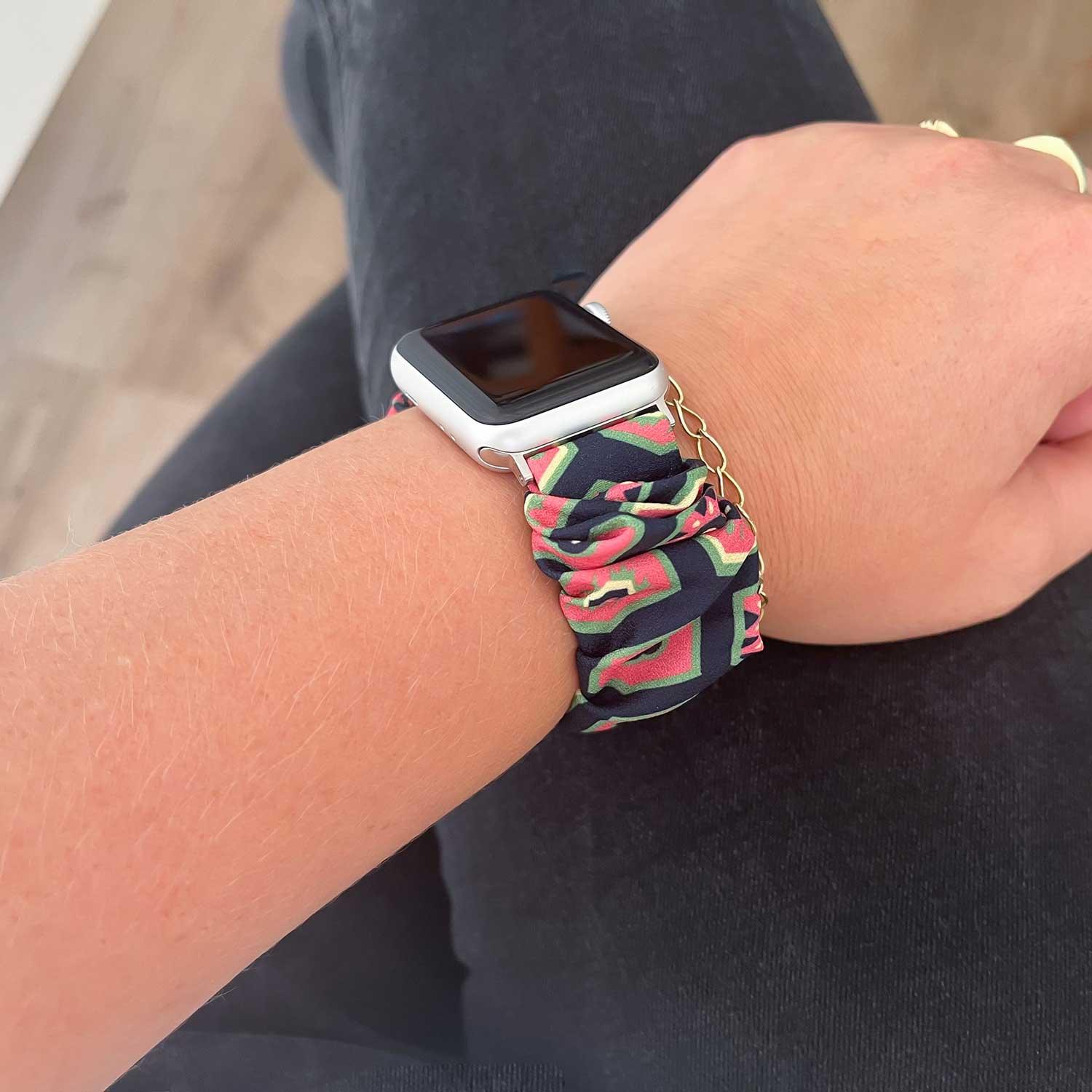 Apple Watch bandje Savara - scrunchie - nylon - donkerblauw met roze en groen