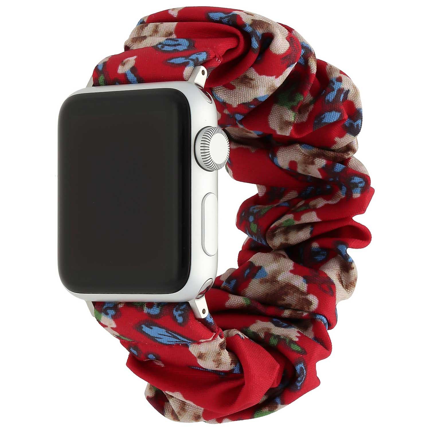 Apple Watch bandje Savara - scrunchie - nylon - rood met bloemen