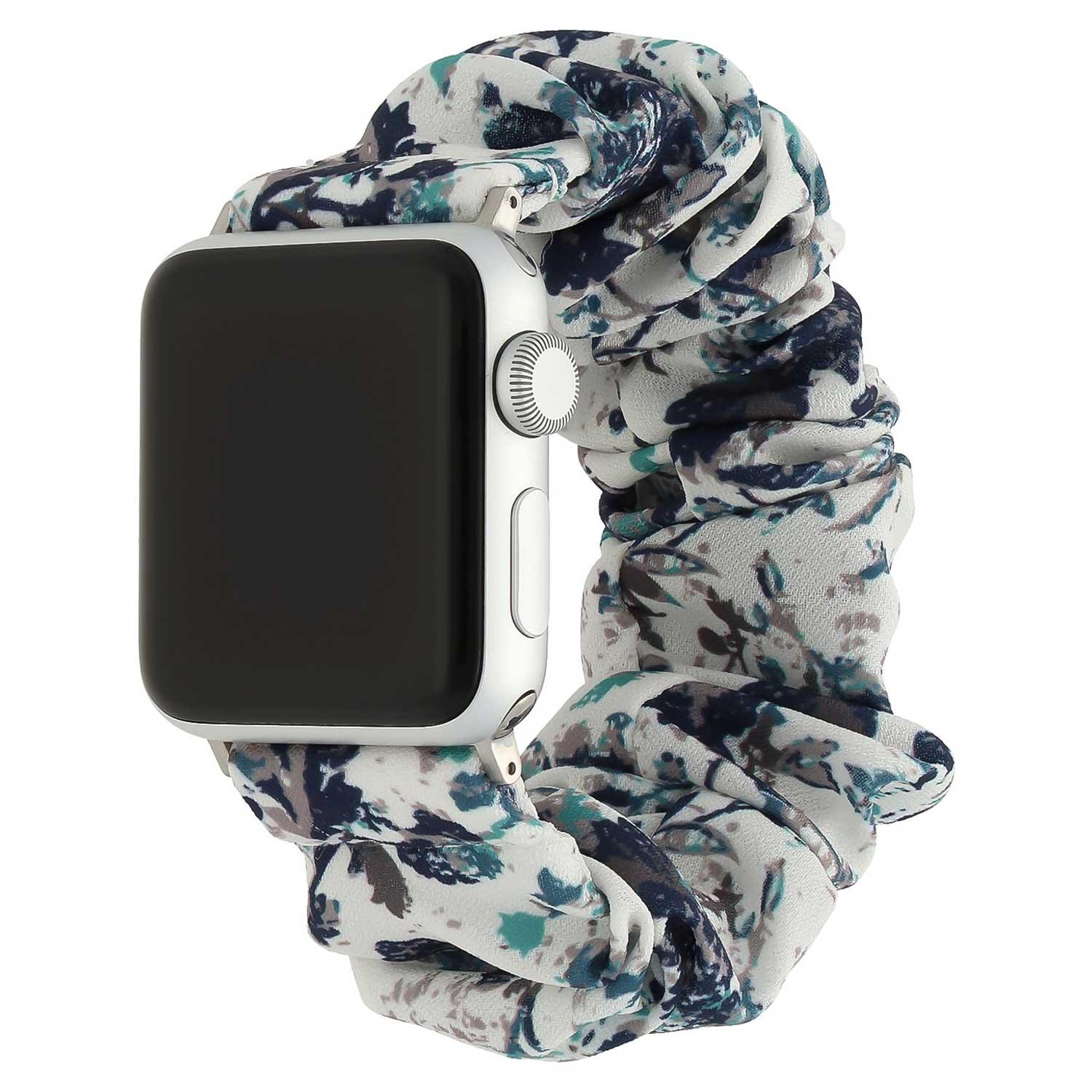 Apple Watch bandje Savara - scrunchie - nylon - wit met bladeren