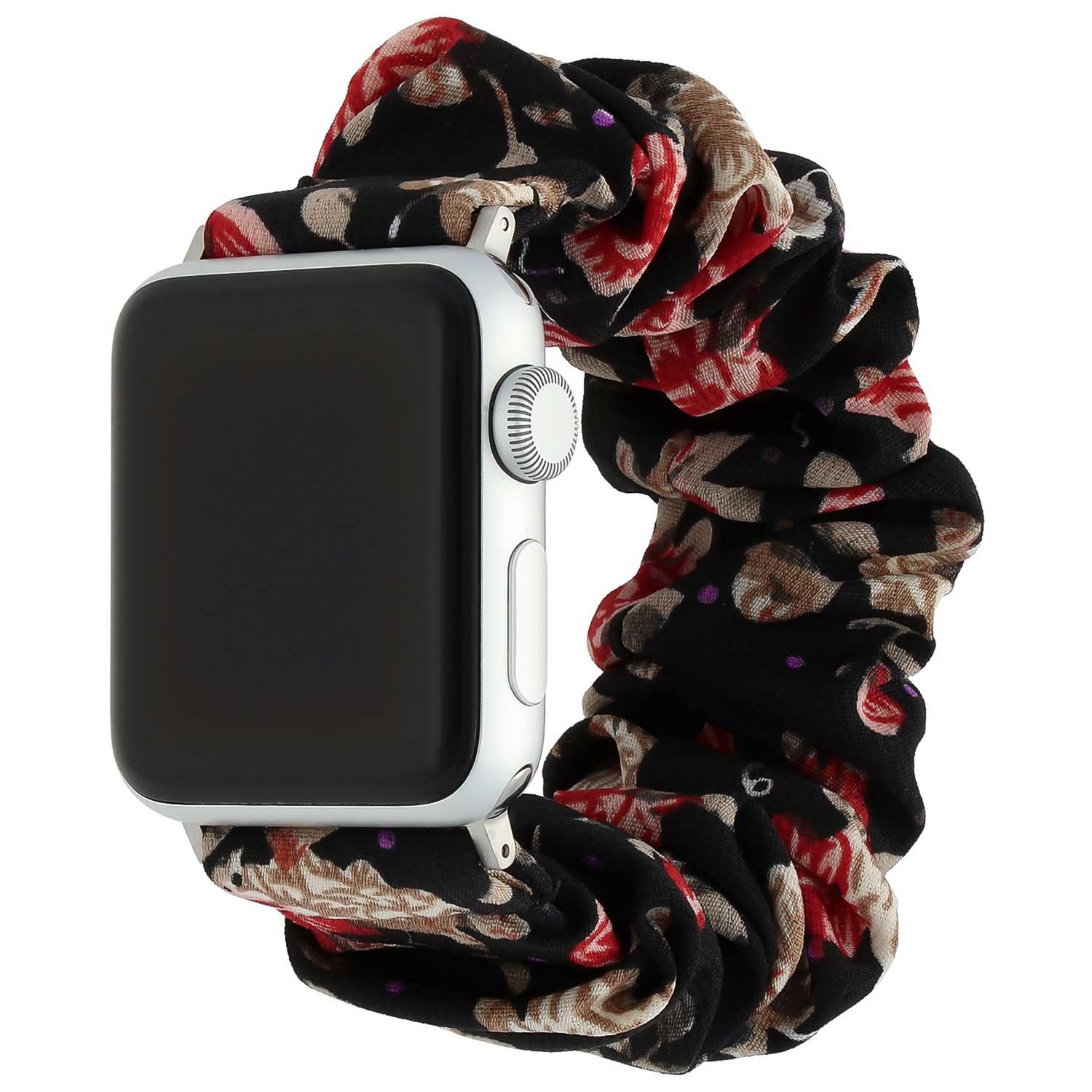 Apple Watch bandje Savara - scrunchie - nylon - zwart met bloemen
