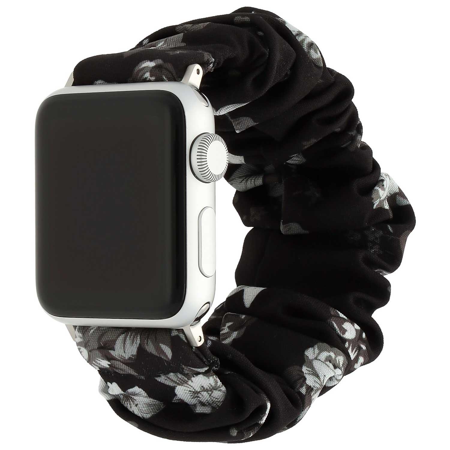 Apple Watch bandje Savara - scrunchie - nylon - zwart met rozen