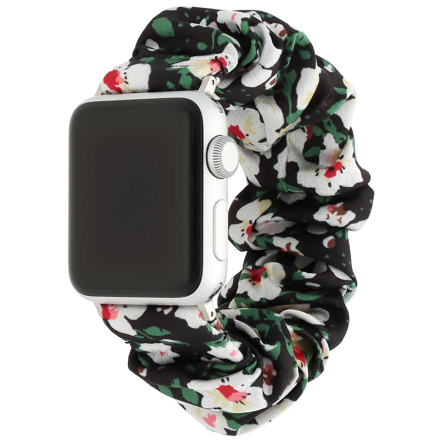 Apple Watch bandje Savara - scrunchie - nylon - zwart met witte bloemen