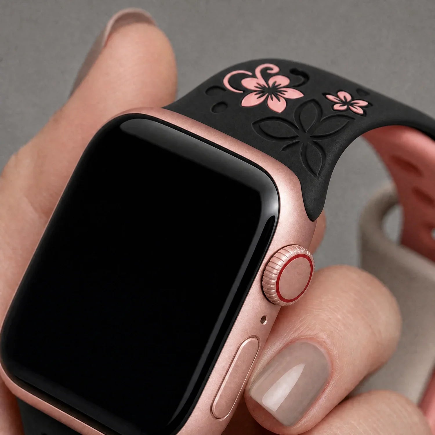 Apple Watch Livia bloemen print bandje - siliconen - zwart