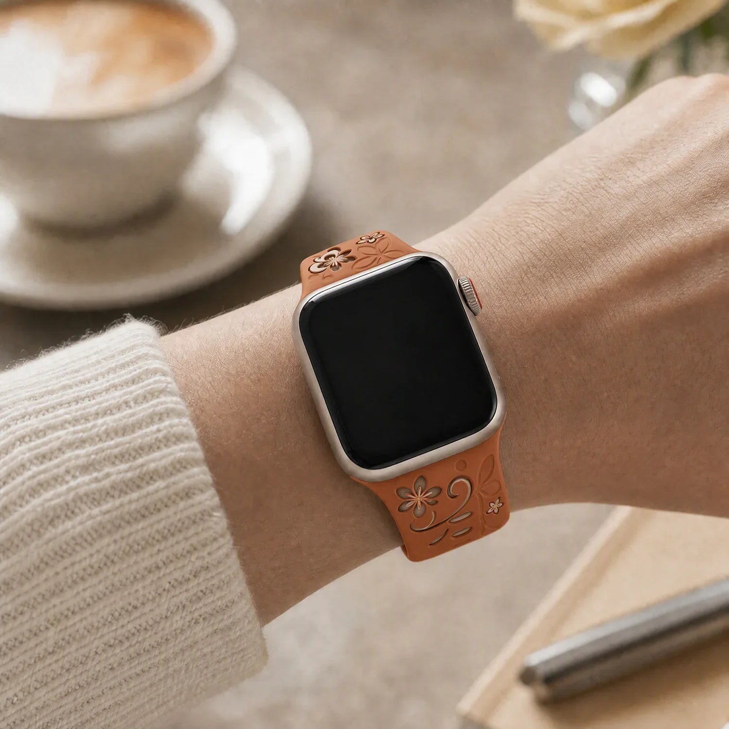 Apple Watch Livia bloemen print bandje - siliconen - bruin