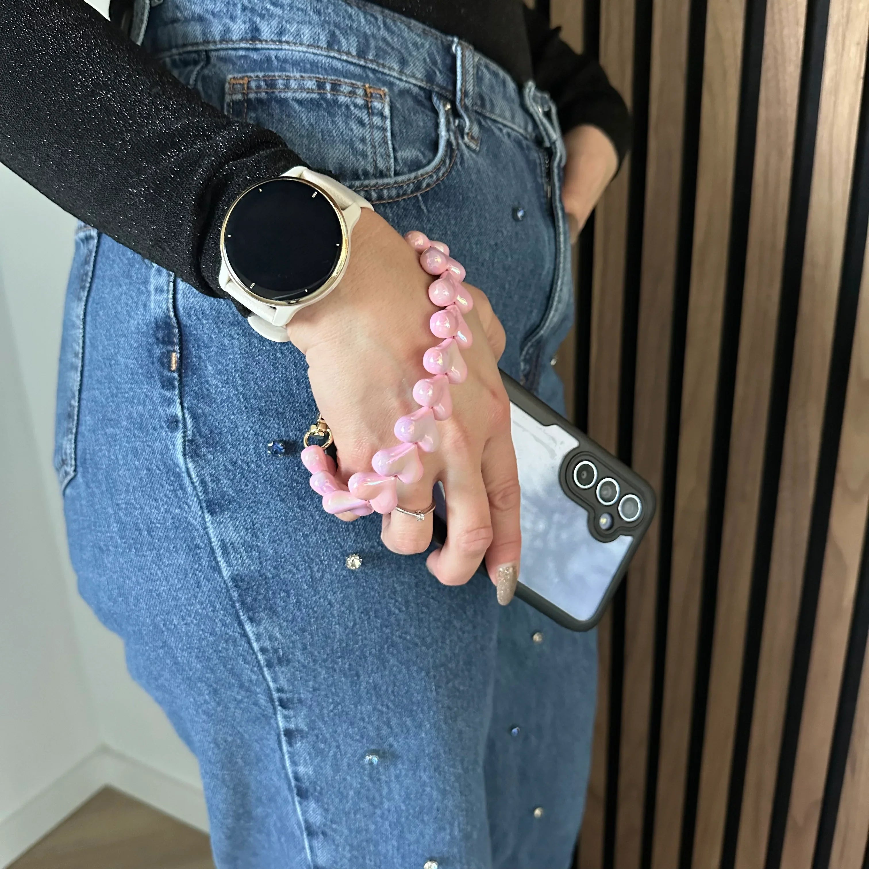 Telefoonkoord Heart - roze glimmend - zilver