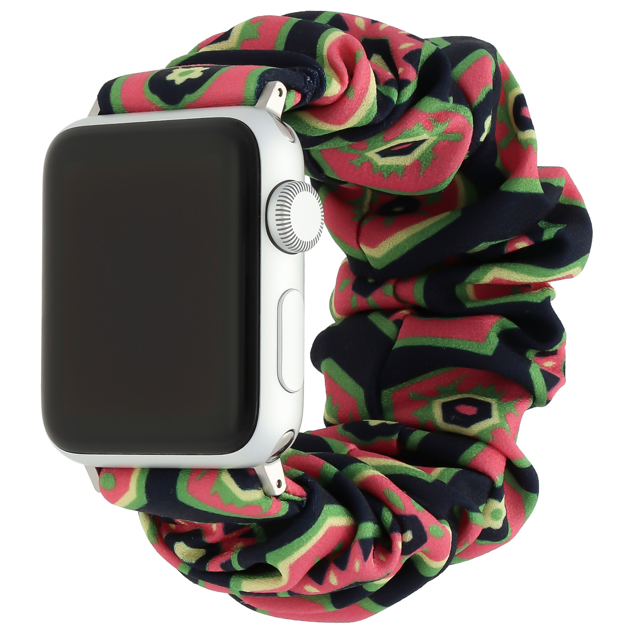 Apple Watch nylon scrunchie band - donkerblauw met roze en groen
