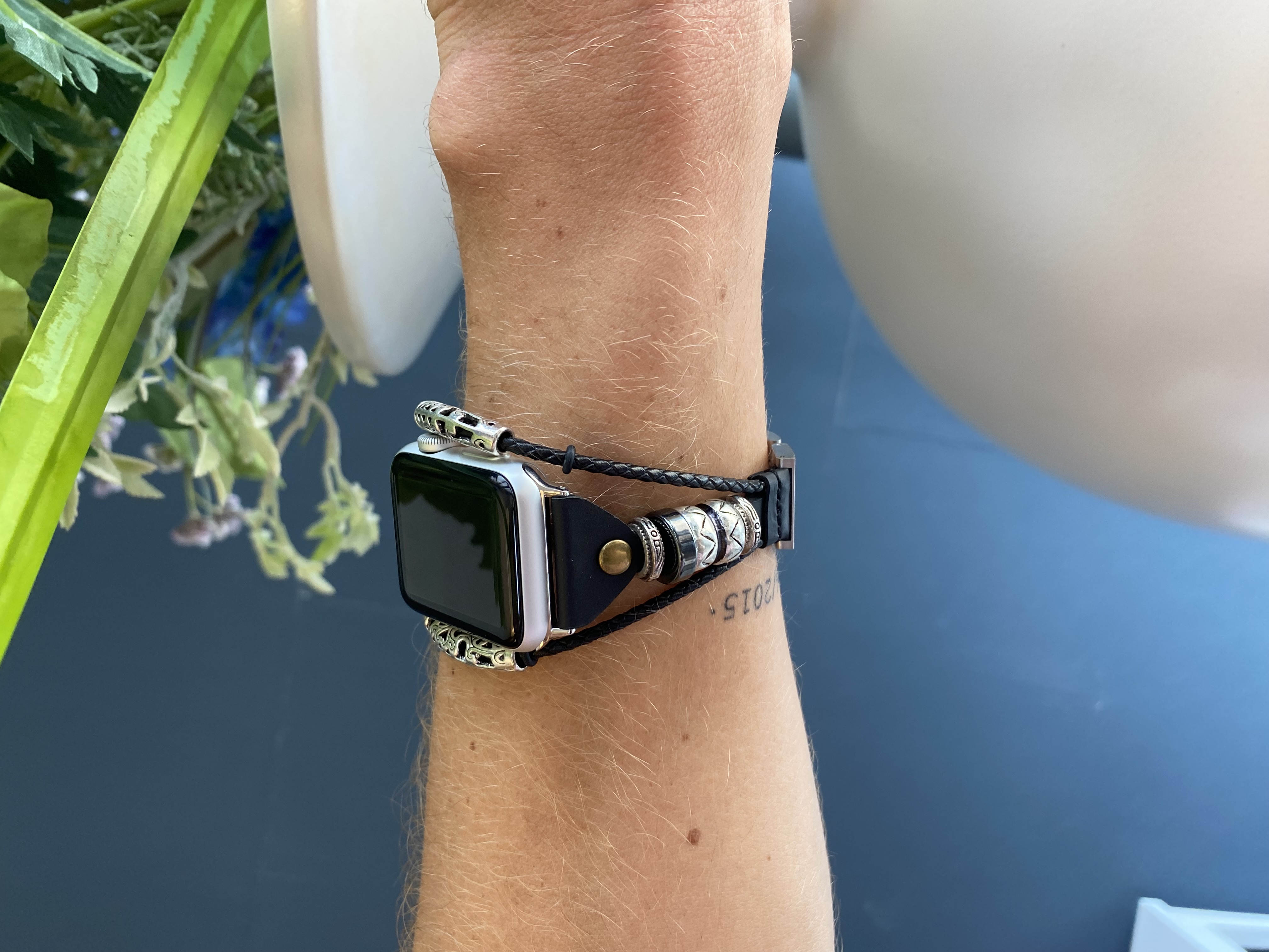 Apple Watch leren sieraden robuust band - kralen zwart